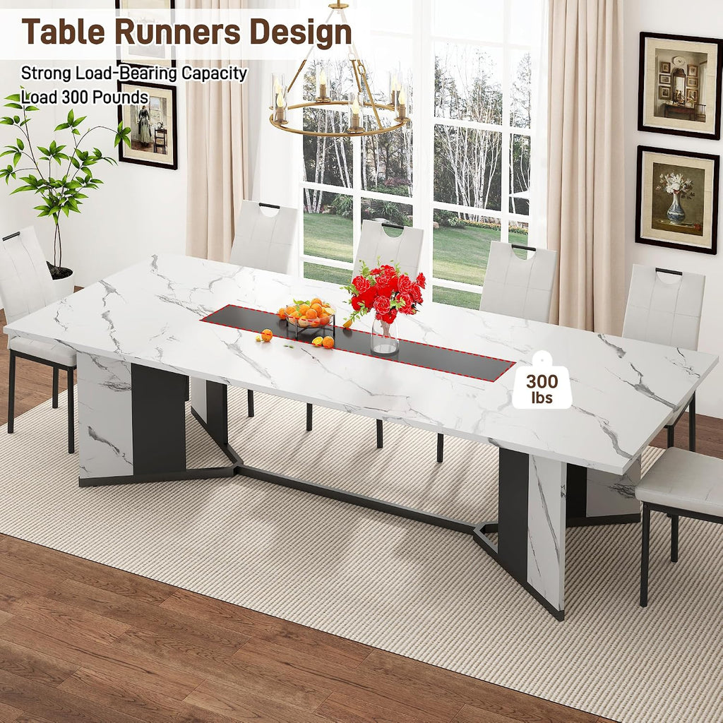 chartustriable Dining Table for 8-10 People,94" Large Modern Kitchen Table W/Built-in Table Runner Design,White&Black Industrial Rectangular Dinner Table,Waterproof Wood Table Sturdy Base,280lbs Load