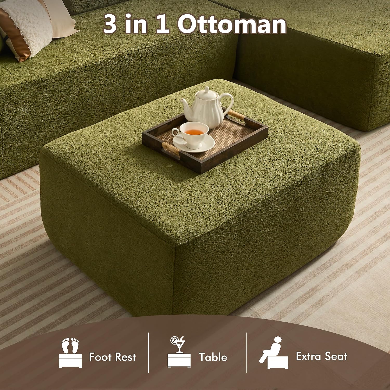 HOOOWOOO Large Ottoman Coffee Table for Couch,Oversized Rectangular Ottoman Bench Seat,Modern Plush Corduroy Upholstered Foot Rest for Living Room Bedroom Bedside,Cloud Green