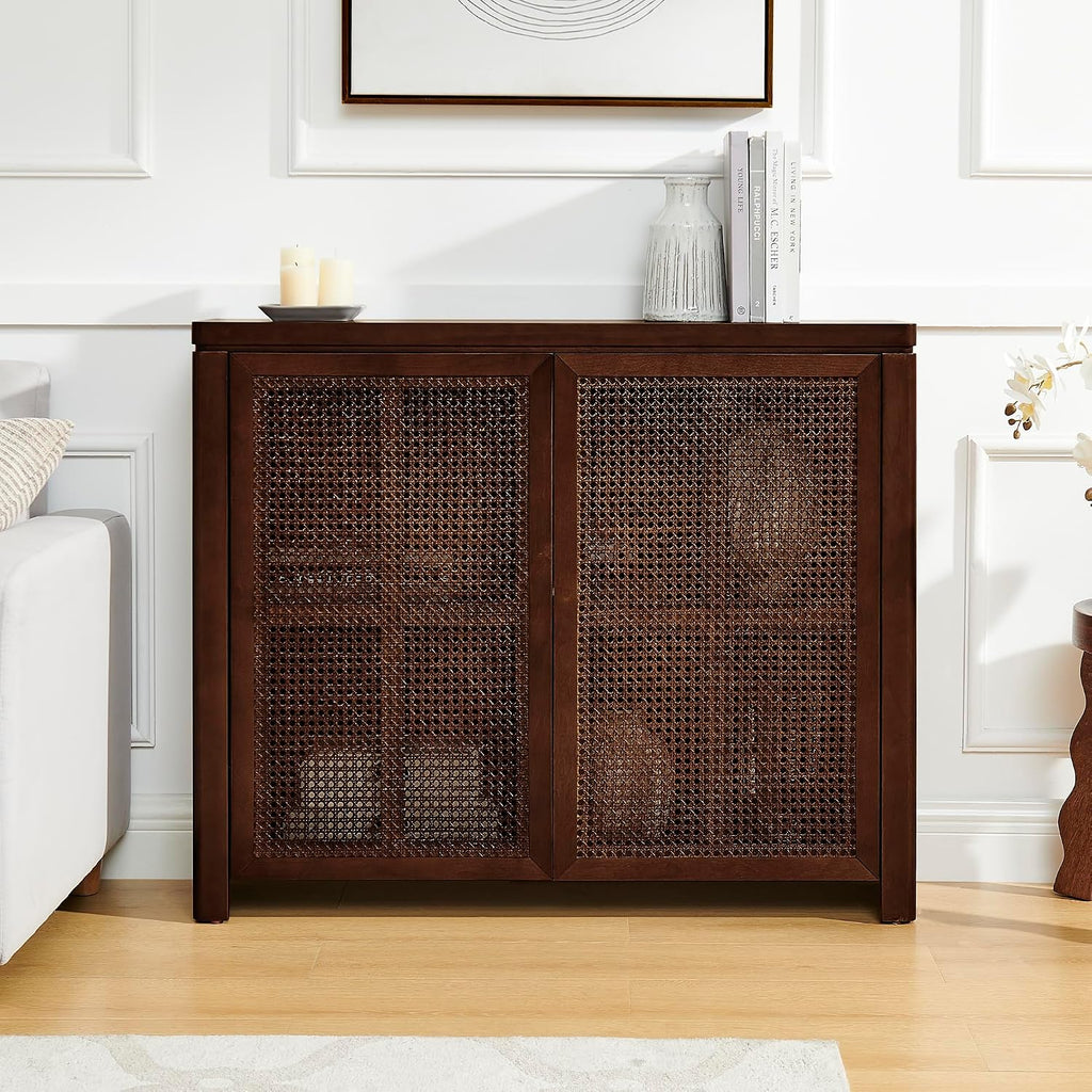 LKTART Small Sideboard Buffet Cabinet,Narrow Kitchen Storage Cabinet with 2 Rattan Doors,Mid Century Modern Thin Console Table for Living Room,Entryway(39.4" Walnut)