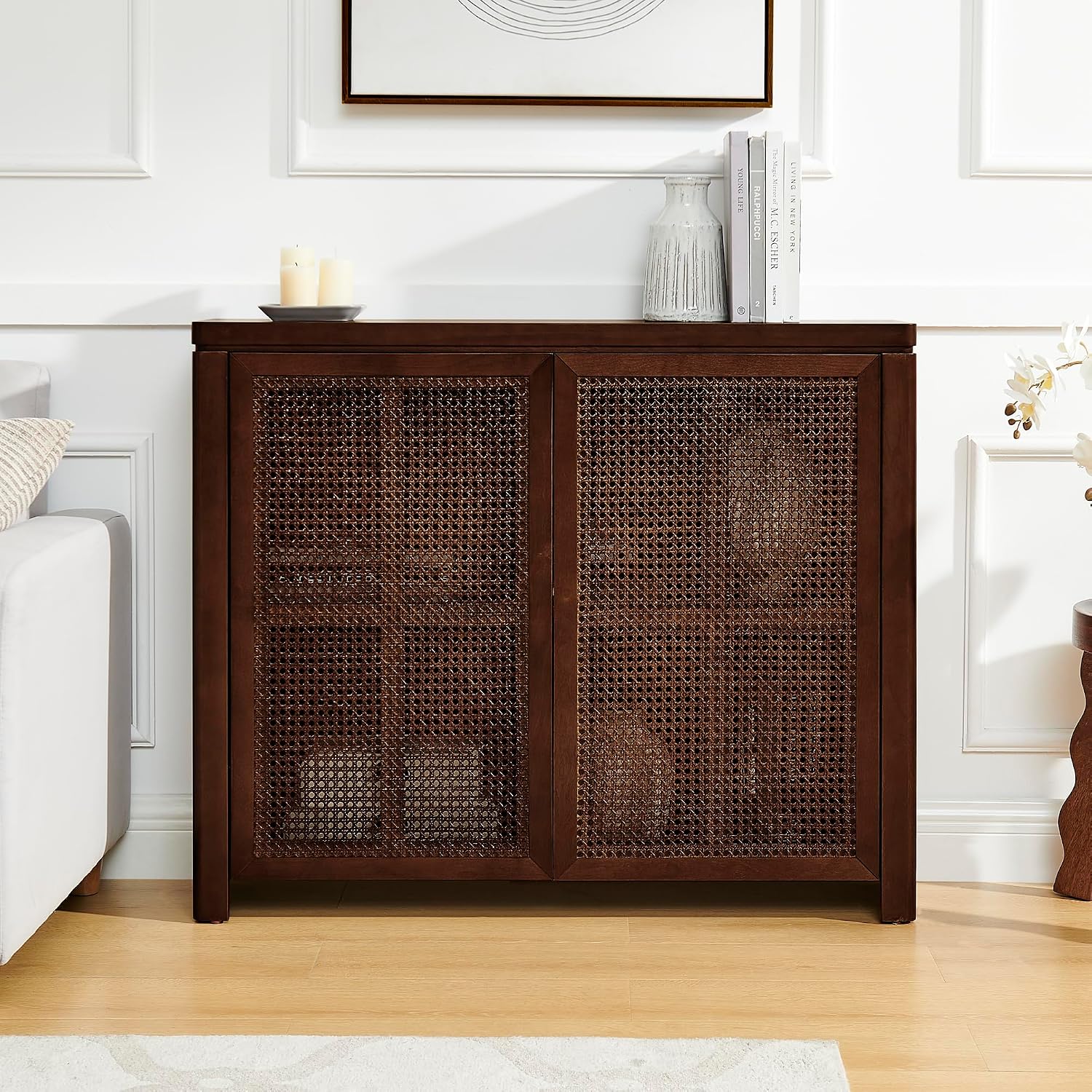 LKTART Small Sideboard Buffet Cabinet,Narrow Kitchen Storage Cabinet with 2 Rattan Doors,Mid Century Modern Thin Console Table for Living Room,Entryway(39.4" Walnut)