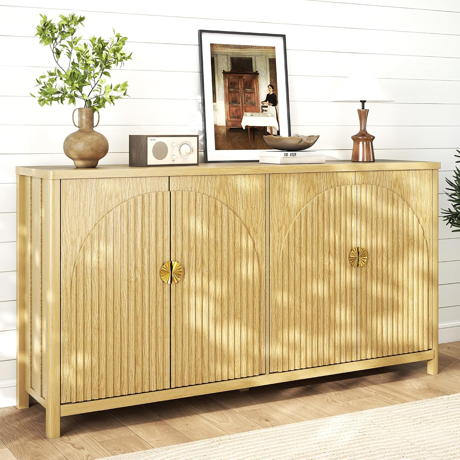Sideboard Cabinet with Storage - 63” Large Kitchen Buffet Table, Adjustable Shelf & 4 Fluted Doors Farmhouse Coffee Bar for Living Room Dining Room Entryway, Wood