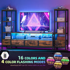 DWVO Industrial LED TV Stand for 65 Inch TVs, Entertainment Center with 2 4-Tier Bookshelves & Power Outlets, Media Console Table with 5 Drawers & Open Storage for Living Room, Rustic Brown