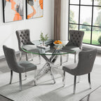 Round Glass Dining Table Set for 4, Small Kitchen Table Set for 4, 47" Round Glass Table and Chairs Set of 4, 5 Piece Round Dining Room Table Set with Grey Velvet Chairs for Breakfast Dinette Cafe