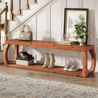 2-Tier Solid Wood Entryway Bench, 59" Long Farmhouse End of Bed Bench with Open Shelves, Rustic Shoe Storage Wooden Seating for Entry, Kitchen, Living Room, Bedroom, Hallway (Rustic Brown)