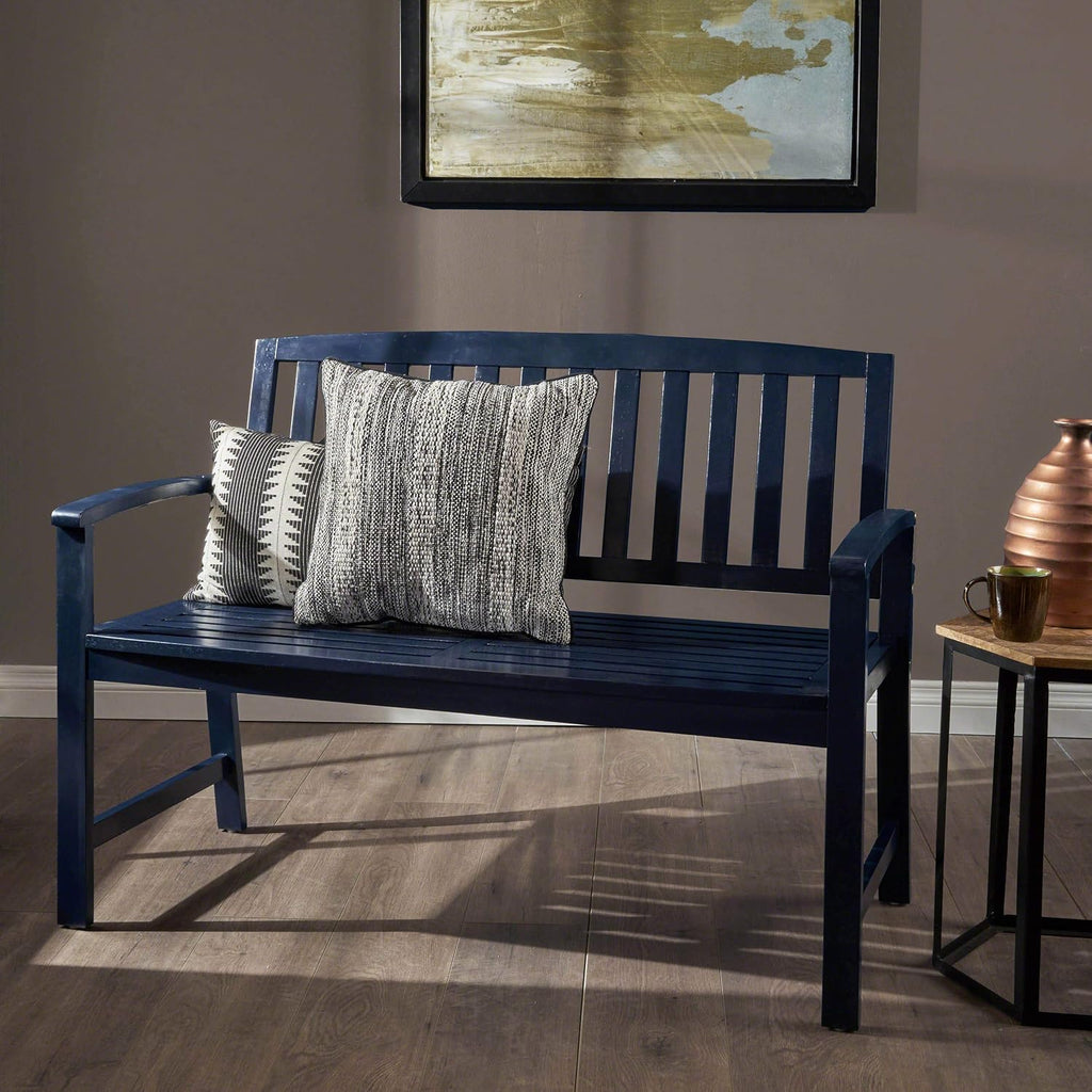 Christopher Knight Home Laurel Farmhouse Cottage Acacia Wood Bench, Pu Navy Blue