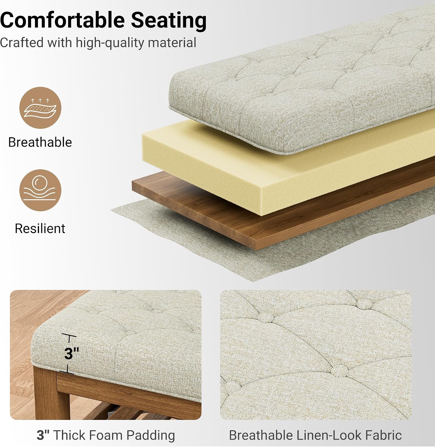 YaFiti End of Bed Storage Bench, 42.9" Entryway Shoe Bench with Solid Wood Shelf, Upholstered Ottoman with Padded Seat for Bedroom, Hallway and Living Room, Beige