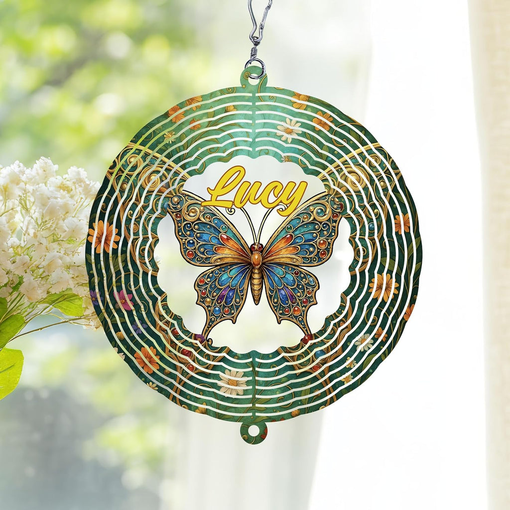 Personalized Butterfly Wind Spinner 3D Stainless Steel, Butterfly Garden Spinner Hanging Outdoor Decor, Wind Spinners Outdoor, Custom Gift for Grandmother, Mom, Wife