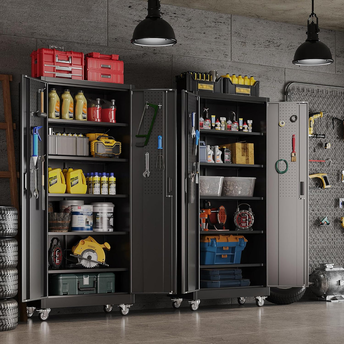 SUXXAN 71" Metal Storage Cabinet with Wheels, Pegboard, Lock, 5 Shelves | Locking steel cabinet with wheels, pegboard and 5 shelves for garage, workshop, office or pantry; assembly required.