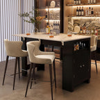 3-in-1 Dining Table with Foldable Tabletop & Marble Grain Top, Black+Walnut | 2-Door Storage Cabinet, Adjustable Shelves, Side Hooks, MDF Wood With Aluminum Handles For Kitchen & Dining Room