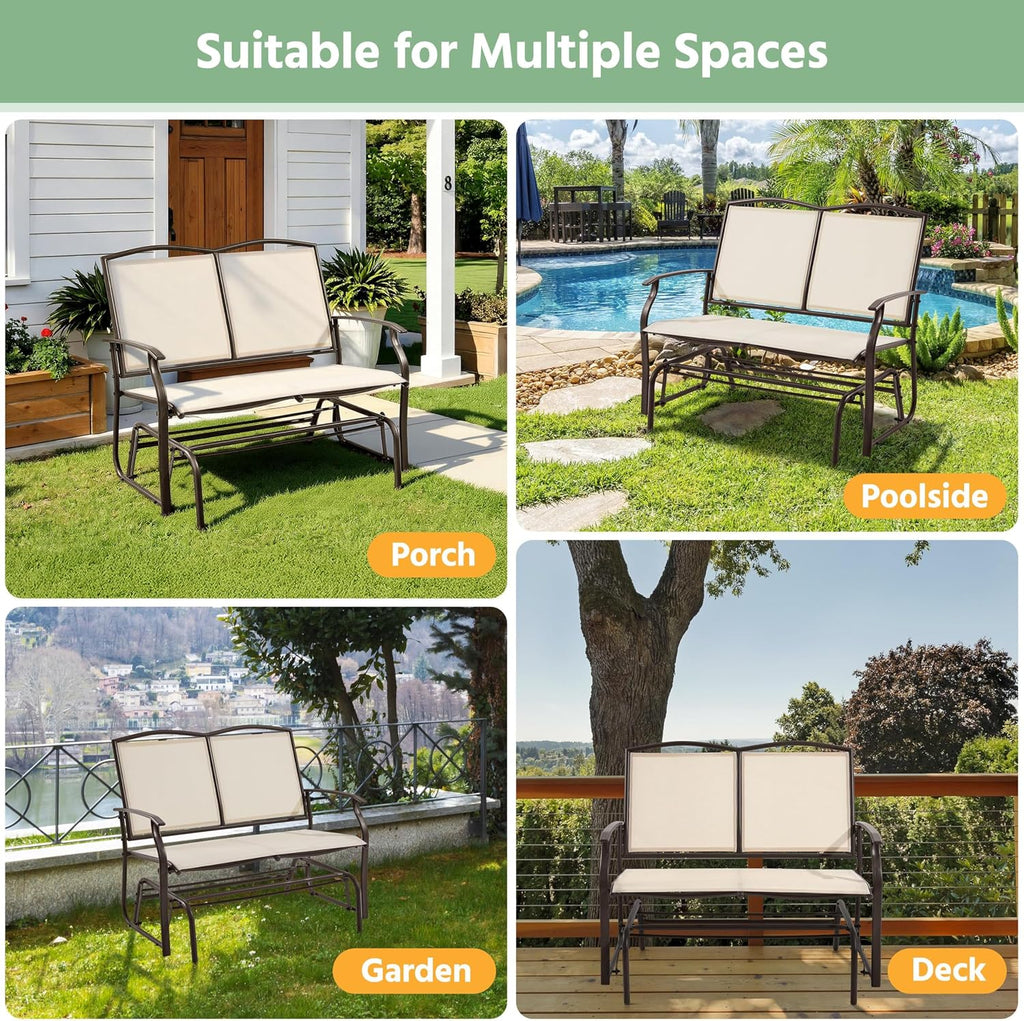 Yaheetech Glider Bench for Outside Patio 2-Person Outdoor Loveseat,Beige | Front Porch Bench and Patio Glider with Heavy-Duty Steel Frame for Backyard Poolside Garden and Smooth Gliding Motion for Two