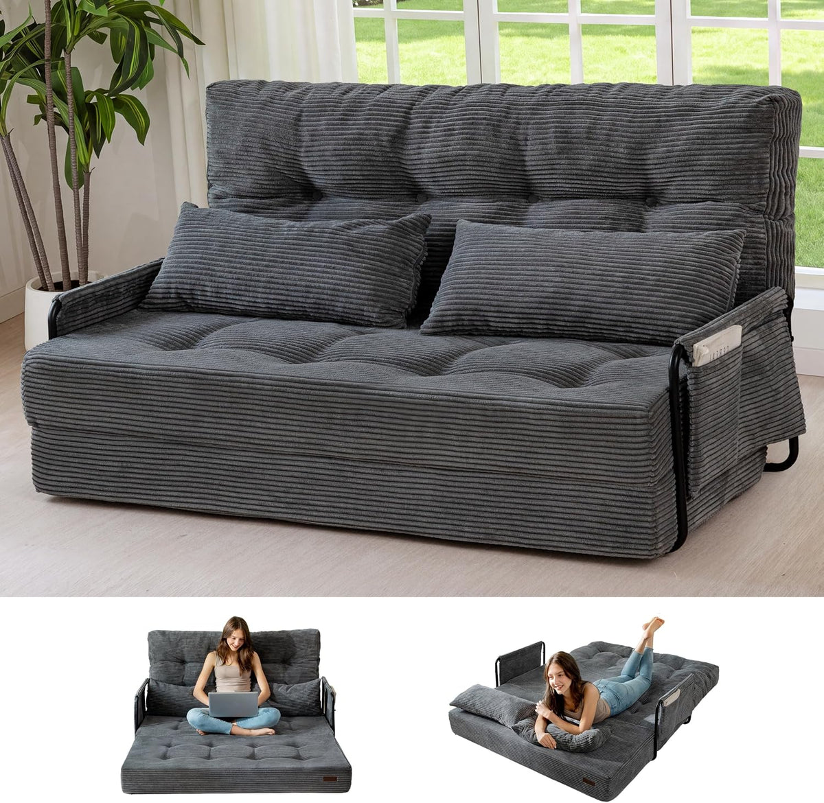MAXYOYO Adjustable Folding Sofa Bed Couch with 2 Pillows, Dark Grey | Multi-Functional Bean Bag Bed, 5-Position Foldable Lazy Floor Sofa Bed with Armrest, Versatile Floor Seating for Reading