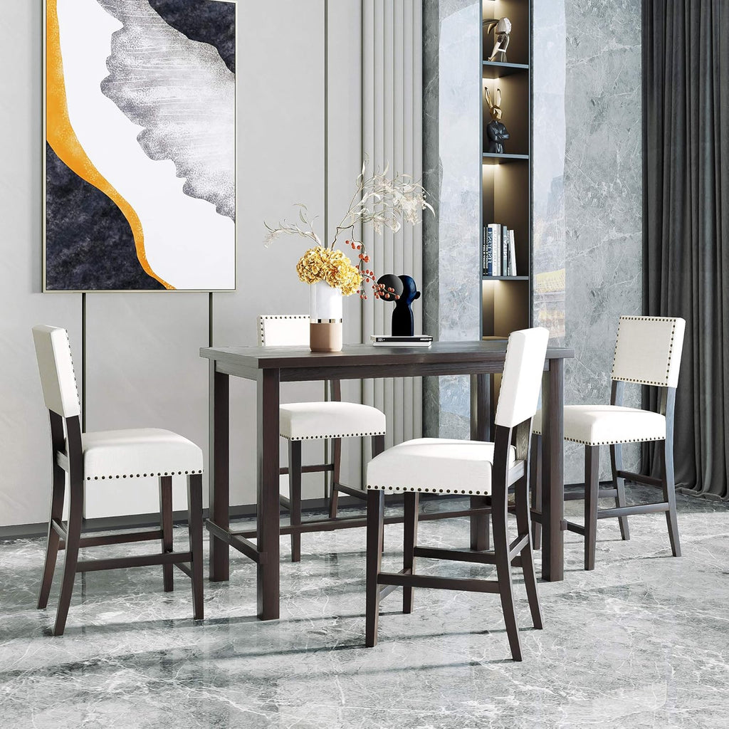 Merax 5 Pieces Counter Height Dining Set, Elegant Wooden Desk and 4 Upholstered Chairs, Perfect for Kitchen, Breakfast Nook, Bar, Living Room