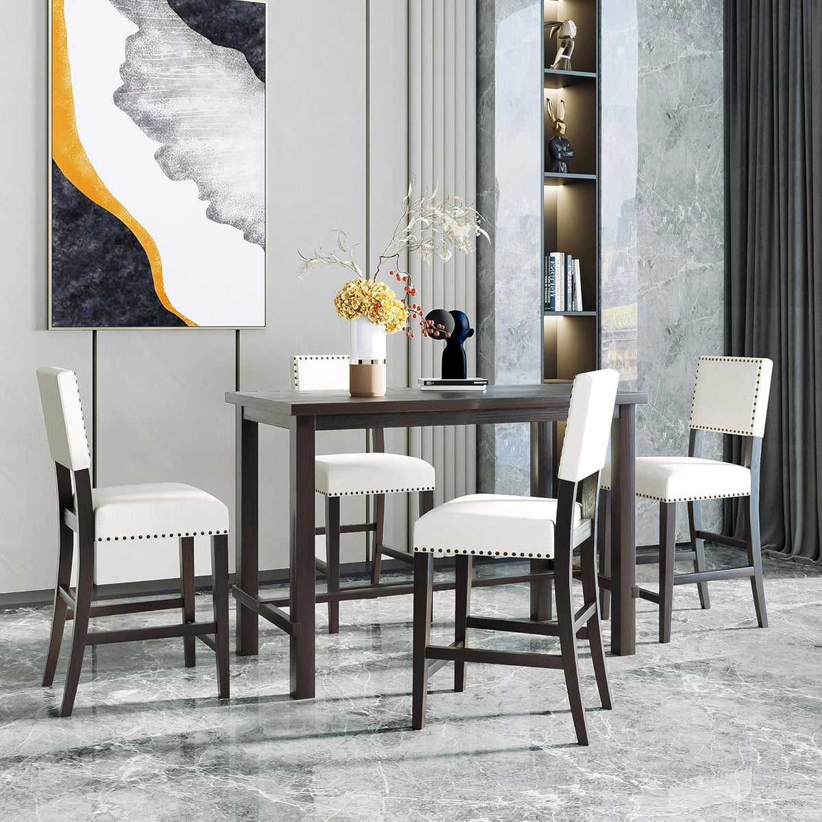 Merax 5 Pieces Counter Height Dining Set, Elegant Wooden Desk and 4 Upholstered Chairs, Perfect for Kitchen, Breakfast Nook, Bar, Living Room