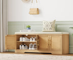 Rattan Shoe Storage Bench, 47.2" Wide Entryway Bench, Natural Oak | 2 Tier Shoe Bench with Padded Cushion, Hidden Shoe Rack Bench with Adjustable Shelves, for Hallway Living Room, Bedroom