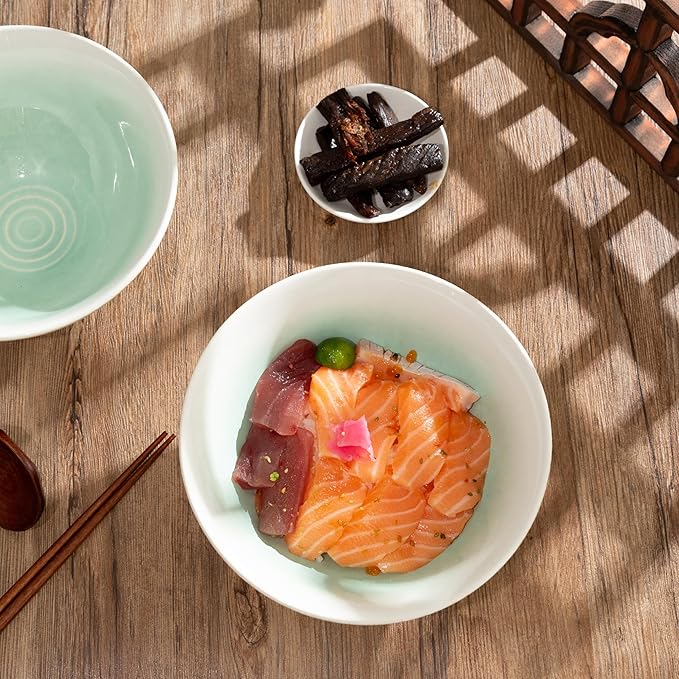 8 Inch Ceramic Ramen Bowl Set of 2, 40oz Japanese Bowls with Spoons & Chopsticks,Durable,Microwave & Dishwasher Safe,Perfect for Ramen,Pho,Salad,Soup,Noodles，Mixing bowls（Cyan Sea）