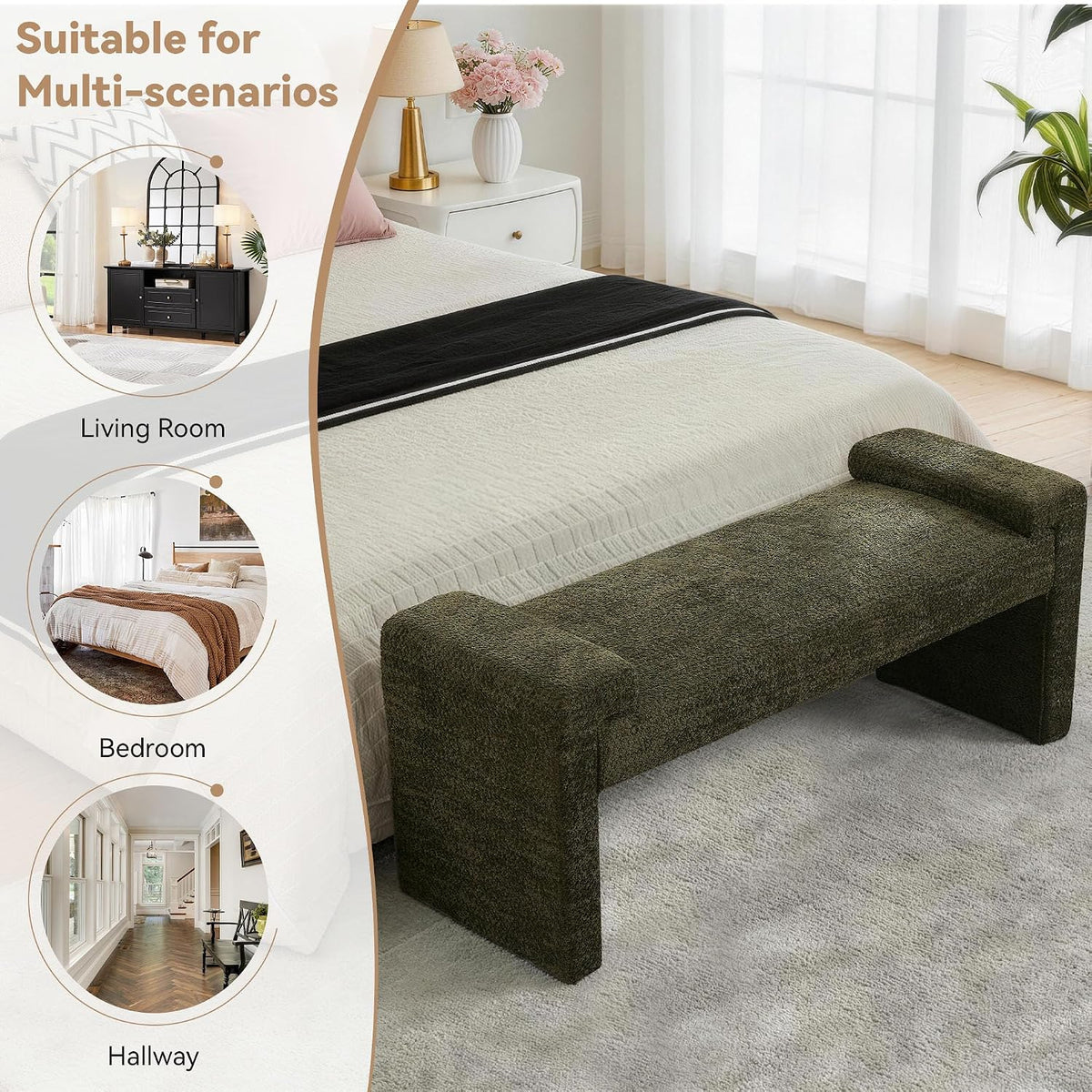 43" Upholstered End of Bed Bench, Entryway Bench with Curved Armrests, Modern Bedroom Bench Seat with Solid Wood Frame for Living Room, Hallway, Green