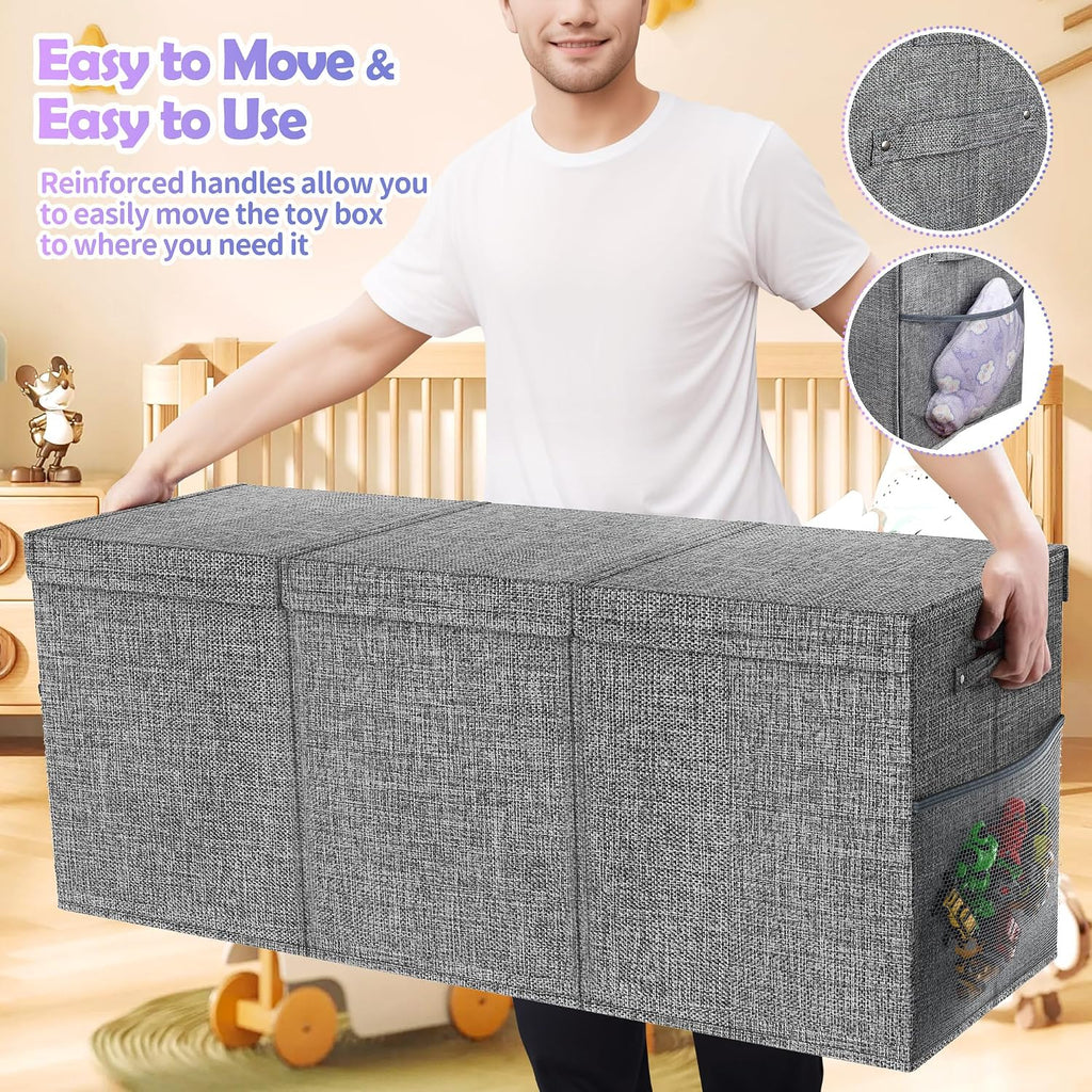 Extra Large Toy Box with Lids, Large Storage Chest Organizer, 40"x14"x16" | Collapsible Sturdy Kids Toy Chest Bins with Dividers for Boys Girls, Nursery Bedroom Playroom Organization, Gray