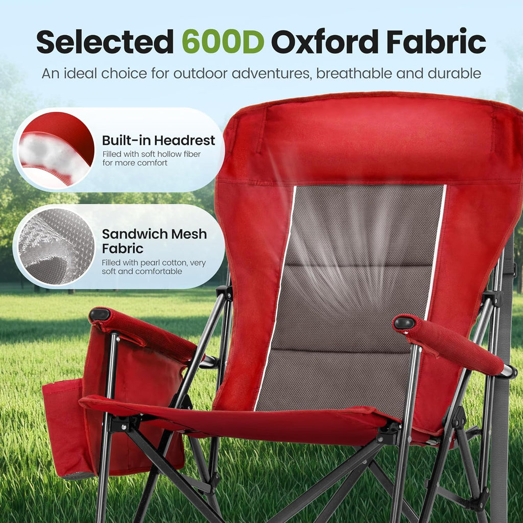 HIGH POINT SPORTS Oversized Folding Camping Chairs for Adults, High Backrest Heavy Duty Lawn Chairs Support 500 LBS Portable Collapsible Camp Chairs with Cup Holders,Side Pocket, Red