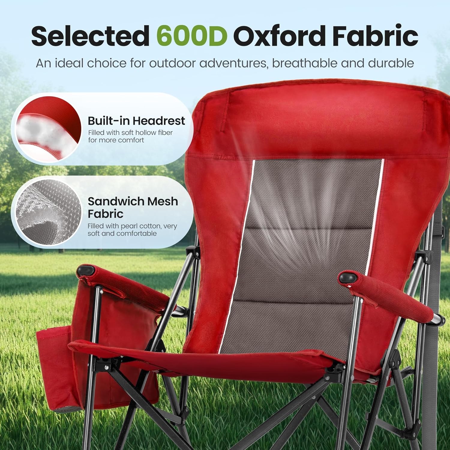 HIGH POINT SPORTS Oversized Folding Camping Chairs for Adults, High Backrest Heavy Duty Lawn Chairs Support 500 LBS Portable Collapsible Camp Chairs with Cup Holders,Side Pocket, Red