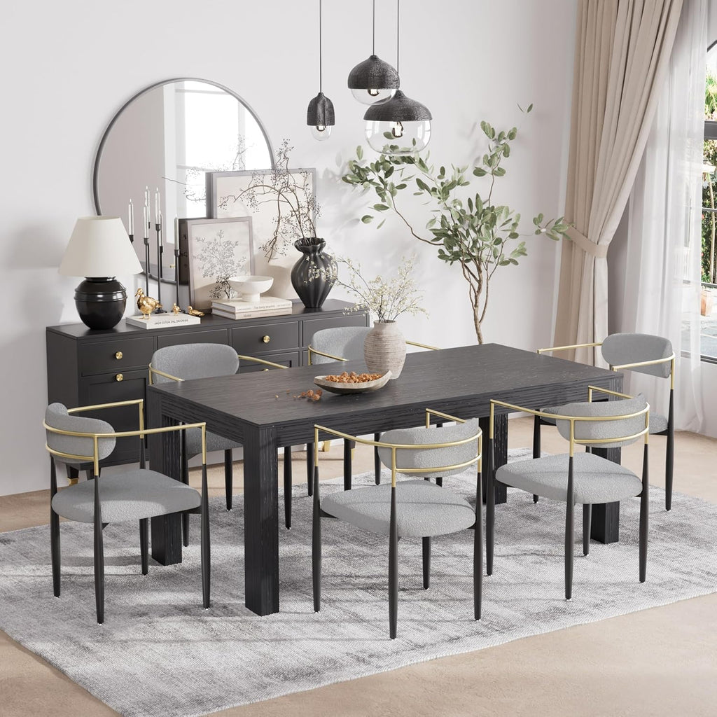 Baysitone Dining Chairs Set of 6 Mid-Century Modern Upholstered Boucle Dining Room Chairs Open Back Curved Backrest Black Metal Legs Gold Armchairs for Kitchen Living Room, Gray(Only Chairs)