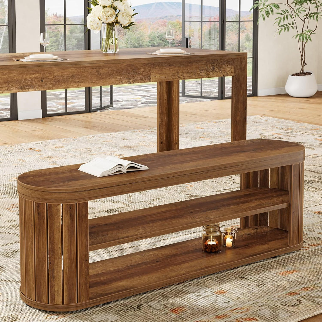 Tribesigns 47.2" Wooden Entryway Bench with 2-Tier Shoe Storage, Farmhouse Dining Bench with Adjustable Foot Pads, End of Bed Stool for Bedroom, Hallway, Living Room, Dining Room, Rustic Brown