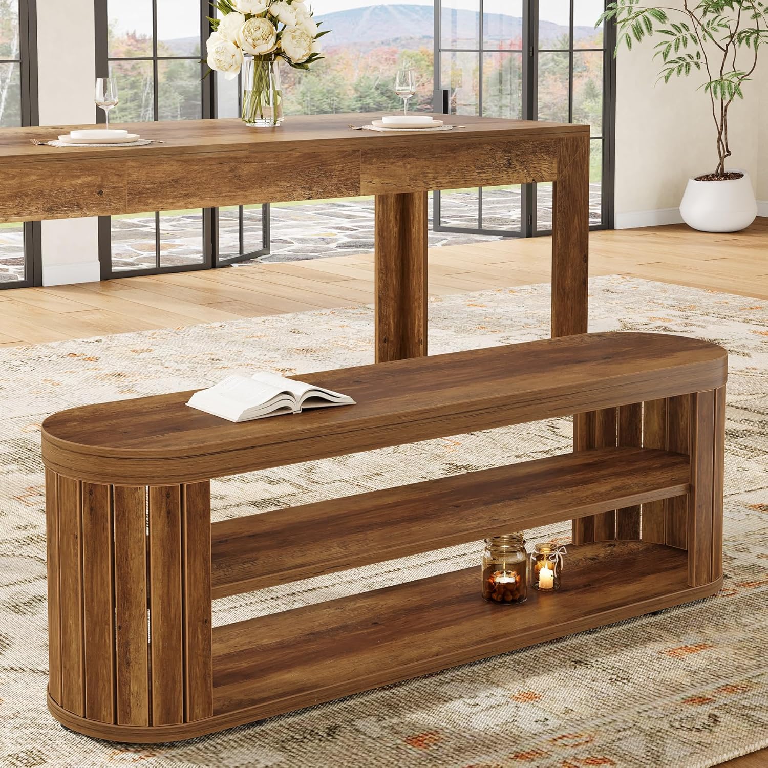 Tribesigns 47.2" Wooden Entryway Bench with 2-Tier Shoe Storage, Farmhouse Dining Bench with Adjustable Foot Pads, End of Bed Stool for Bedroom, Hallway, Living Room, Dining Room, Rustic Brown