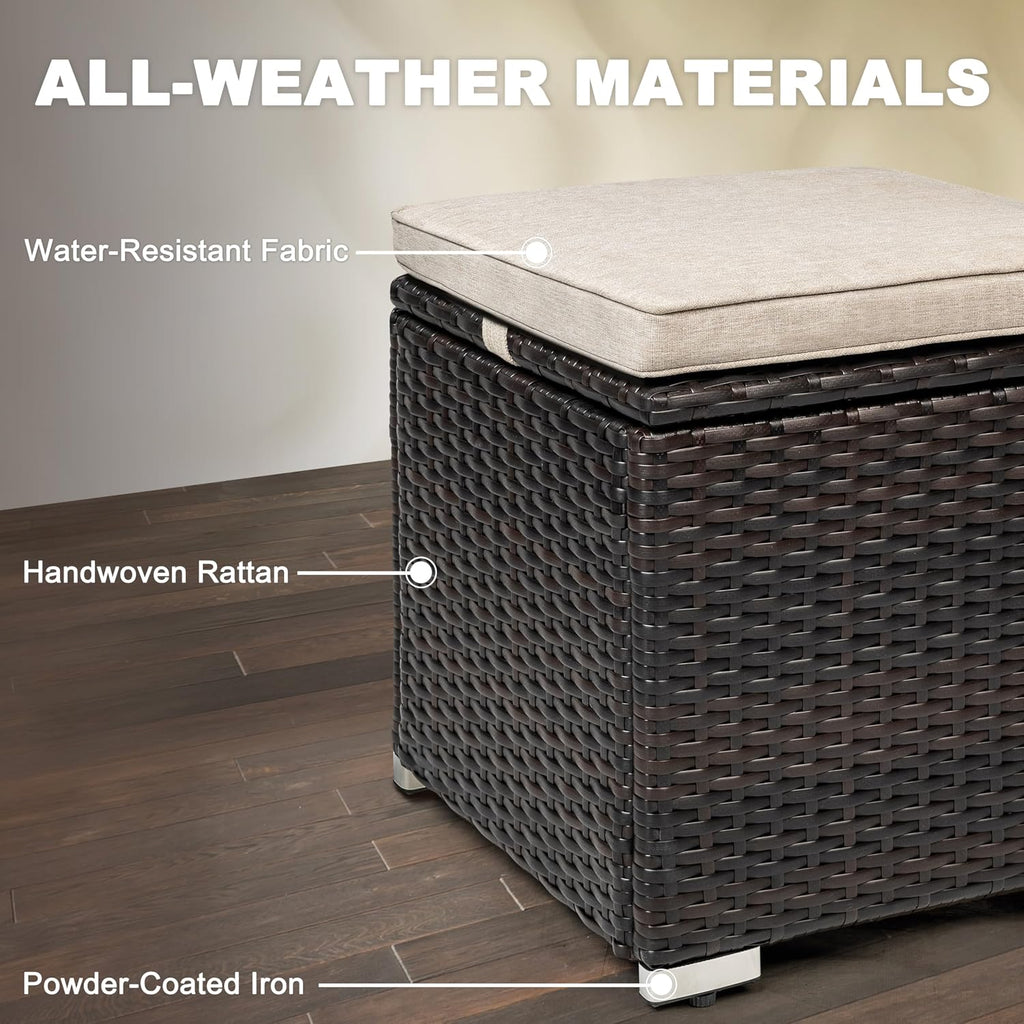 NUU GARDEN Outdoor 2 Piece Outdoor Patio Ottoman, All Weather Rattan Wicker Ottoman Seat, Outdoor Footstool Footrest Seat with Removable Cushion, for Patio, Backyard, Side Table, Black and Beige