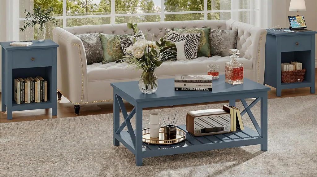 ChooChoo Farmhouse Nightstand with Charging Station Set of 2 | Wooden Top Bedside End Table with Drawer and Storage Space for Bedroom, Blue