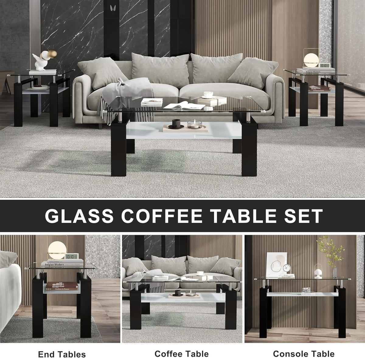 Square Glass End Table,2-Tier Tempered Glass Modern Living Room Side Table with Metal Leg,Living Room/Small Space/Apartment