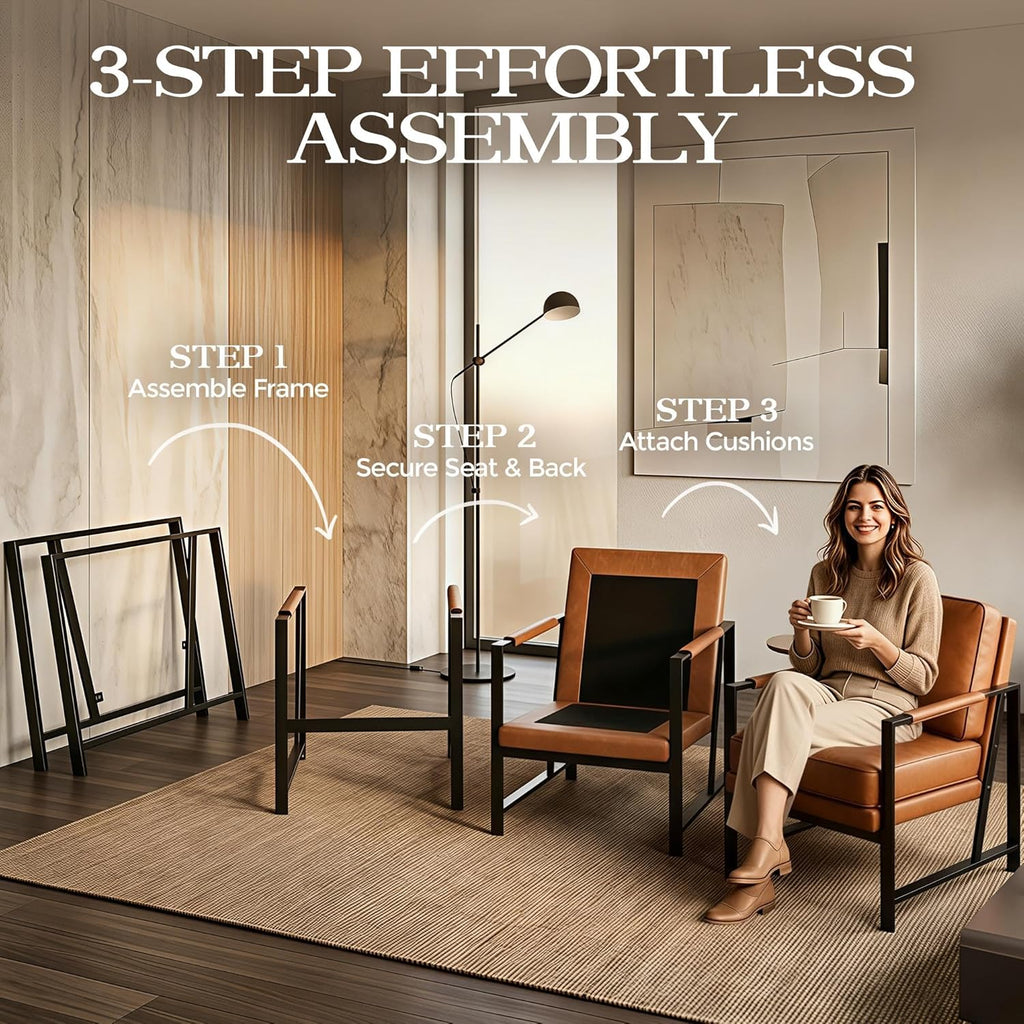 Yaheetech Mid-Century Modern Accent Chairs Set of 2, Light Brown | Oversized Faux Leather Chair with Soft Cushion, Ergonomic 105° Back, Reading Chair for Living Room, Bedroom and Waiting Room