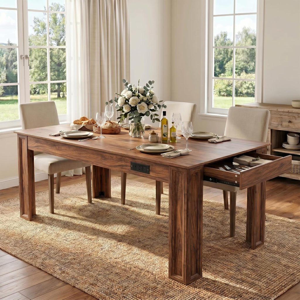 Farmhouse Dining Table for 6-8 People, 71-Inch Wooden Kitchen Table with 2 Drawers,Rectangular Dining Table with Charging Station for Dining Room, Kitchen, Home Office,Walnut Wood