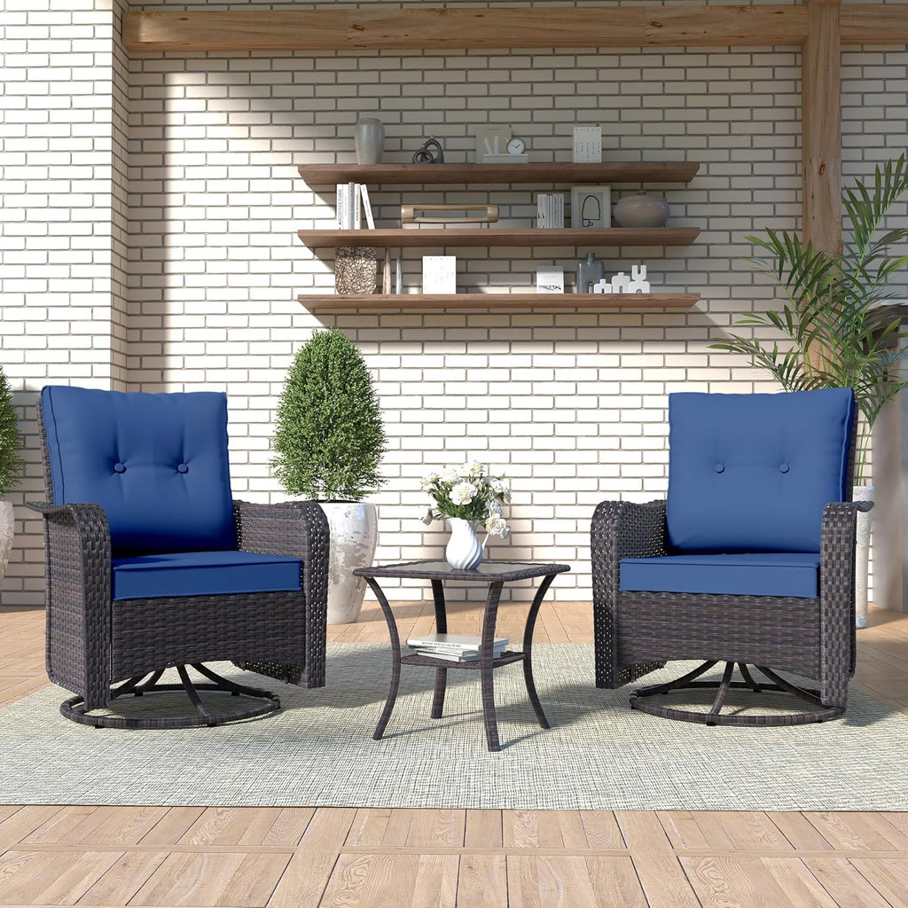 Kurapika 3 Pieces Patio Furniture Set Outdoor Swivel Gliders Rocker, Wicker Patio Bistro Set, Rattan Rocking Chair with Tempered Glass Side Table and Thickened Cushions (Navy Blue)