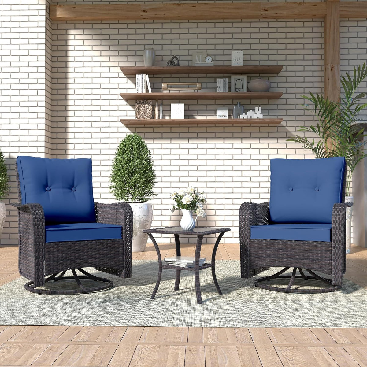 Kurapika 3 Pieces Patio Furniture Set Outdoor Swivel Gliders Rocker, Wicker Patio Bistro Set, Rattan Rocking Chair with Tempered Glass Side Table and Thickened Cushions (Navy Blue)