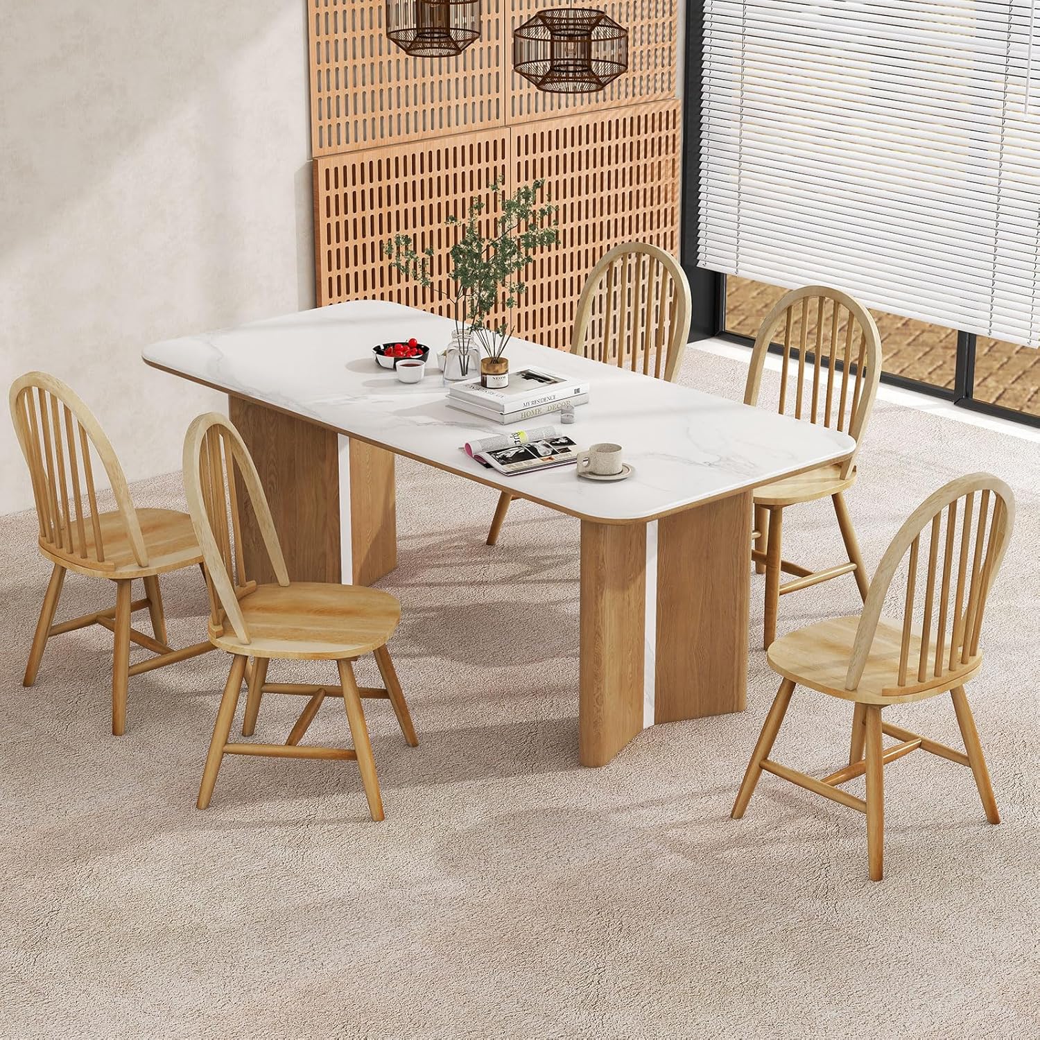 18" Oak Dining Chairs Set of 2, Wood Windsor Chair with Spindle Back for Country Farmhouse Kitchen Island