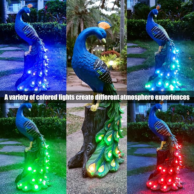 Solar Garden Decor Peacock Statues with Succulent LED Lights,Peacock Figurine Lights Outdoor Decorations for Yard Lawn Patio Balcony Whimsical Art Outside,Gifts for Mom Grandma Women