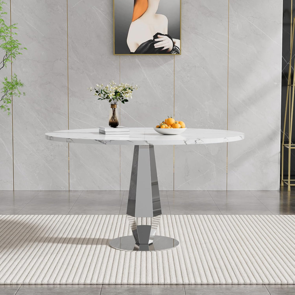 Henf Modern Round Dining Table for 4-6 White Silver 47" Faux Marble Kitchen Table with Diamond-Shape Mirrored Stainless Steel Legs, Contemporary Modern Circle Dining Room Table (Table Only)