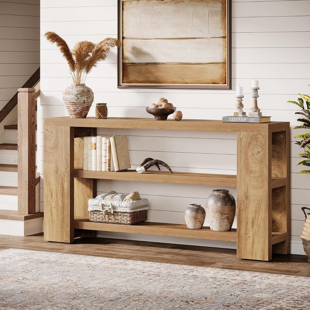 Tribesigns 70.9-Inch Extra Long Console Table with Storage, Narrow Wooden Sofa Table Behind The Couch, Farmhouse 3-Tier Entry Foyer Table for Entryway, Living Room, Hallway, Natural