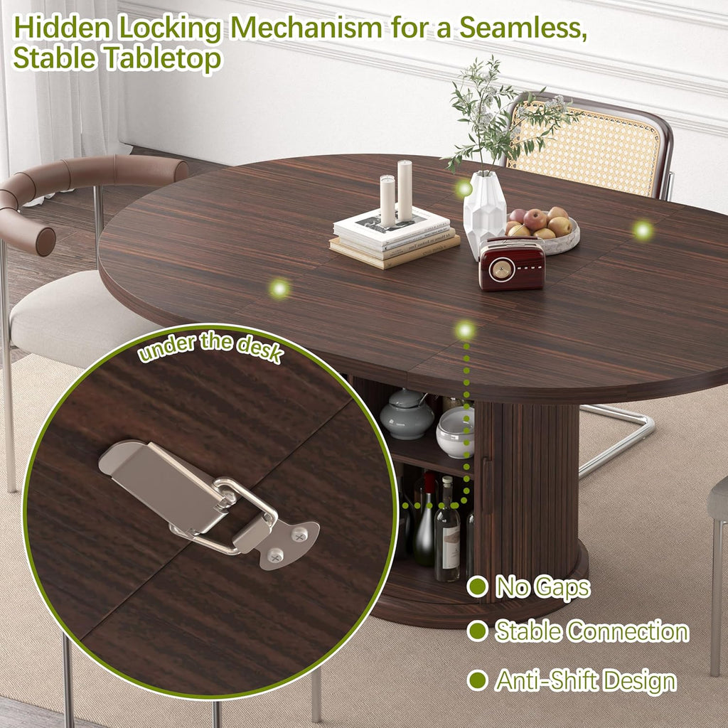 47.2"–63" Extendable Dining Room Table for 4–8, Round‑to‑Oval Expandable Wood Table with Dust‑Proof 2‑Tier Storage Shelf, Space‑Saving Modern Farmhouse Centerpiece for Living Room, Black Walnut