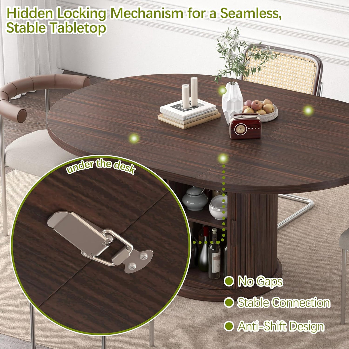 47.2"–63" Extendable Dining Room Table for 4–8, Round‑to‑Oval Expandable Wood Table with Dust‑Proof 2‑Tier Storage Shelf, Space‑Saving Modern Farmhouse Centerpiece for Living Room, Black Walnut