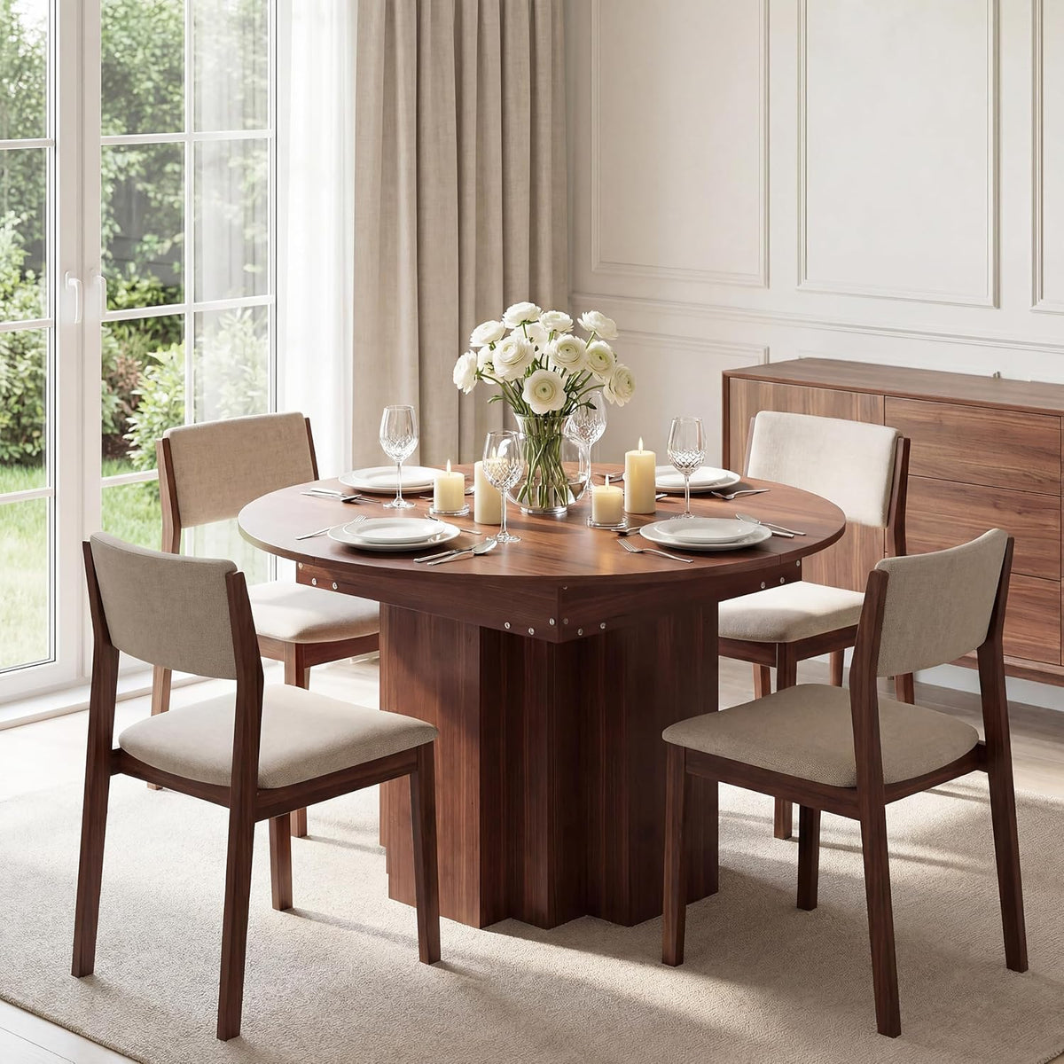 Extendable Round Dining Table, 45.3"-61" Space Saving Oval Kitchen Table with Self-Storing Butterfly Leaf, Modern Farmhouse Walnut Dining Room Table with Fluted Pedestal Base for 4-6 People
