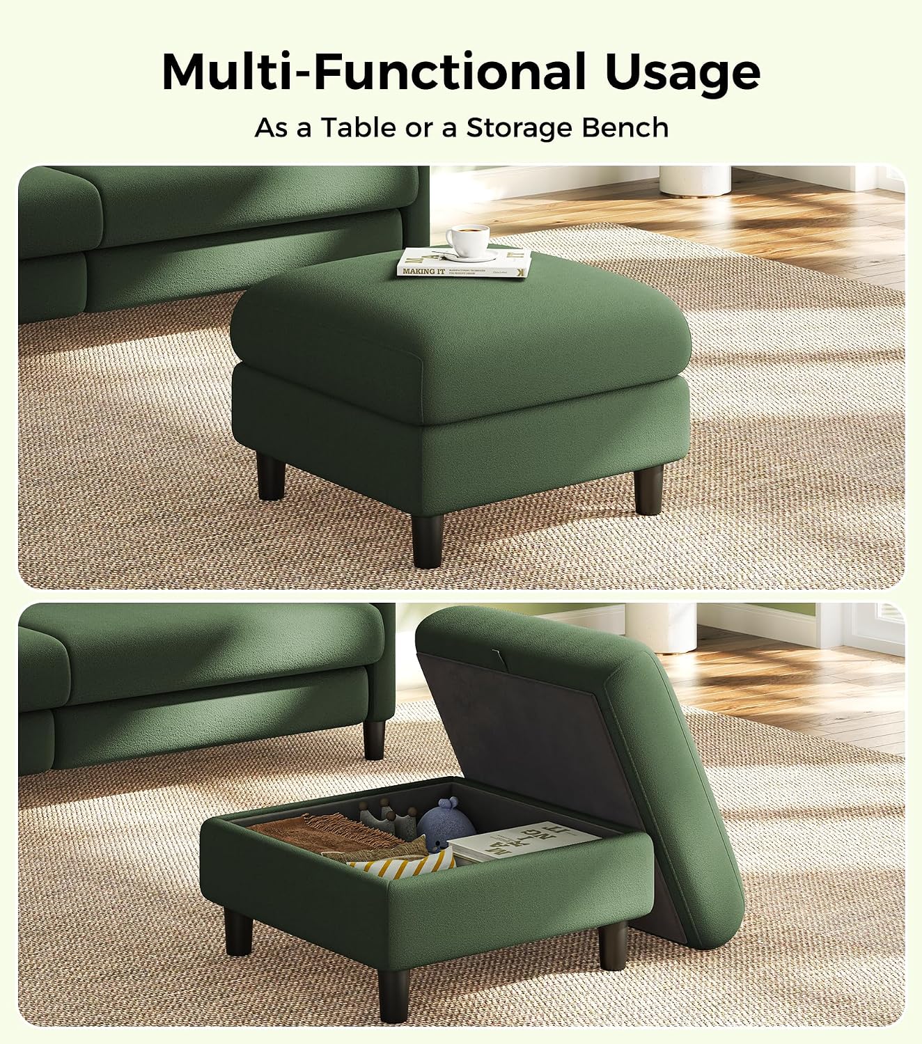 Welzona Teddy Storage Ottoman, 26.7"Large Living Room Ottoman, Coffee Table | All-Wood Ottomans with Storage, Tool-Free Setup Bench for Bedroom, for Welzona Loveseat Sofa Couch Living Room Set, Green