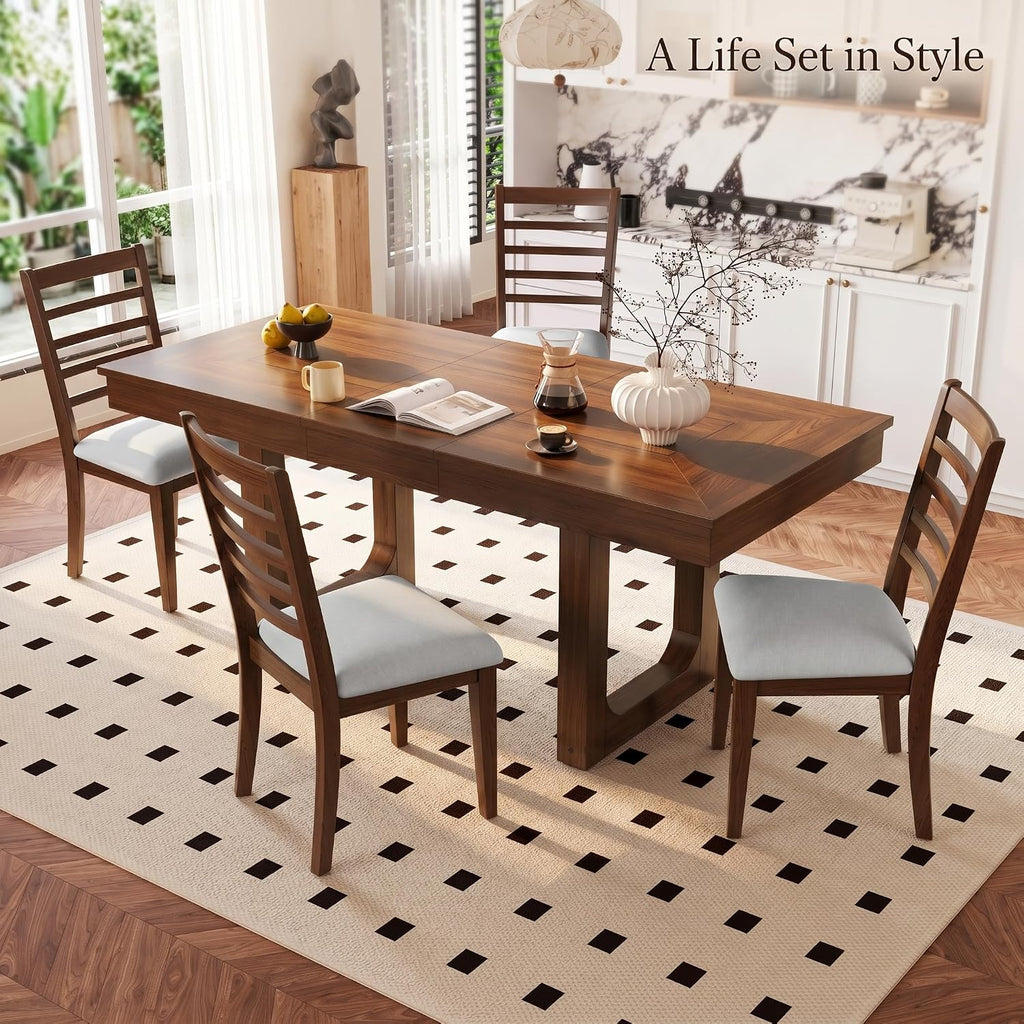 Farmhouse Extendable Dining Table Set with 8x10 Beige Washable Non-Slip Area Rug for Living Room, Bedroom, and Hallway