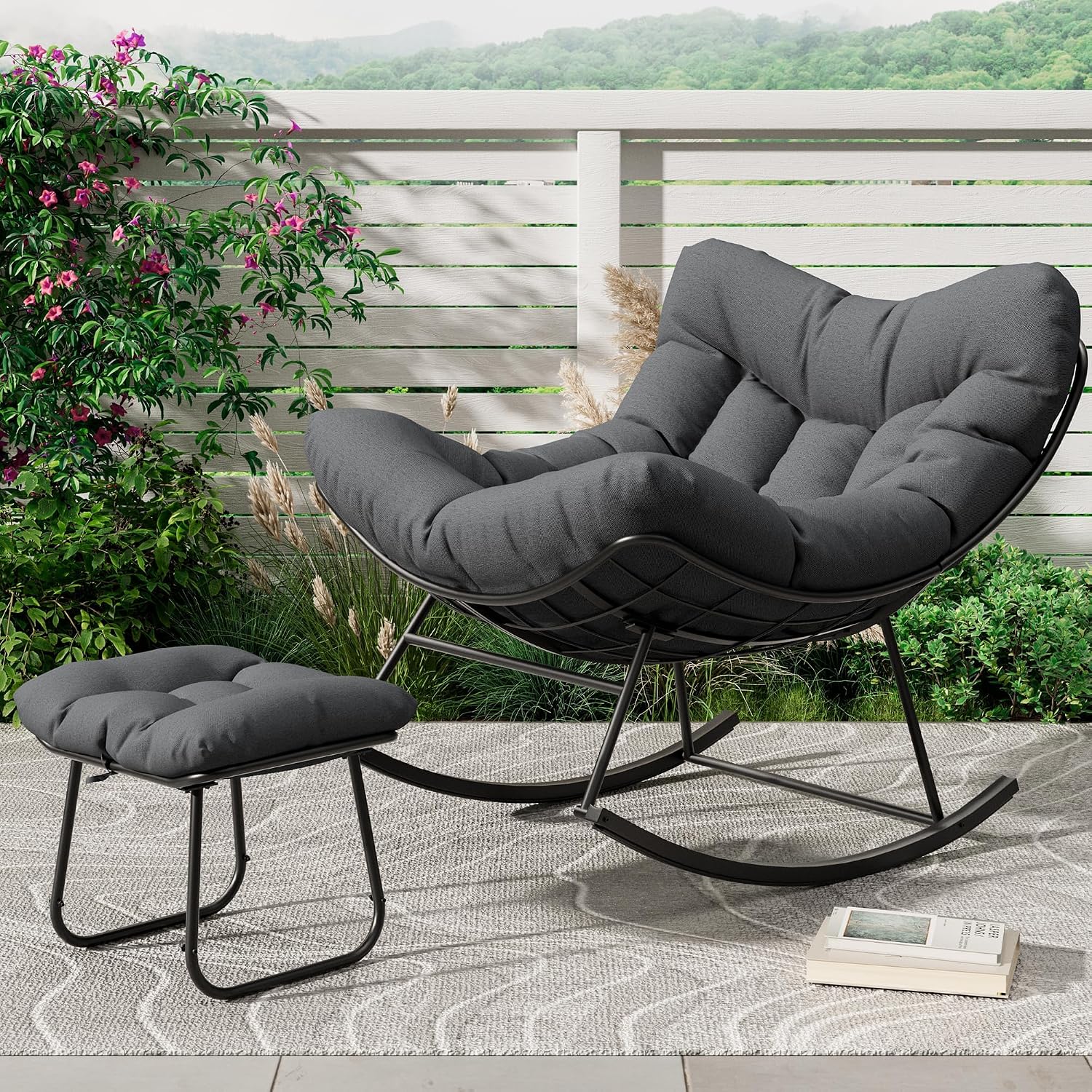 GarveeLife Oversized Papasan Rocking Chair with Footrest, Outdoor Lounge Chair with Ottoman and Sturdy Metal Frame, Patio Egg Rocker for Balcony Backyard Porch Bedroom, Grey
