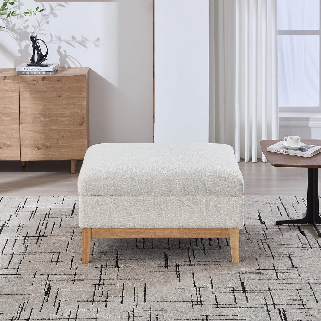 Setawix 33.86" Large Storage Ottomans for Living Room,Boucle Upholstered Ottoman Coffee Table with Tray,Mid Century Modern Ottoman Seat with Storage Footrest for Bedroom (Ivory+Natural Legs)