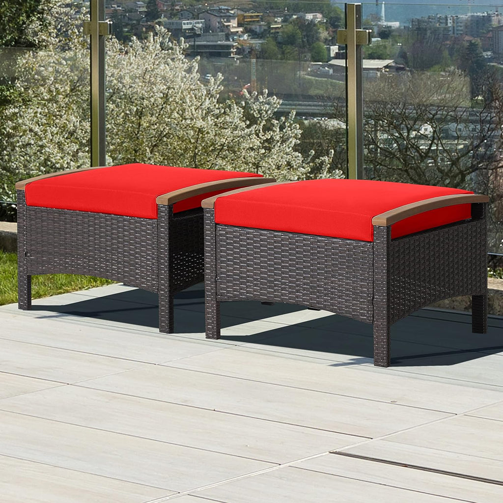 HAPPYGRILL Set of 2 Outdoor Patio Ottoman PE Rattan Wicker Ottomans with Removable Cushions and Solid Acacia Wood Handle Outdoor Footstool Footrest Set Seats and Side Table Set