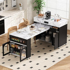 Extendable Dining Table with Folding Leaves & Power Outlet, Rolling Kitchen Island on Wheels with Storage Drawers & Hooks, Convertible Table for Small Spaces (Black + Marble White)