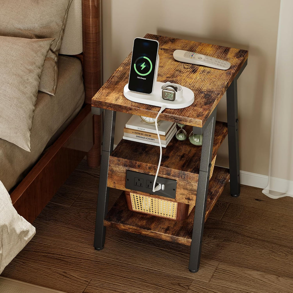 SIde Table with Charging Station, Small End Tables with Lucky 7 Metal Shape, 3-Tier Nightstand with Outlets and USB Ports, Adjustable Leveling Feet, Side Table for Living Room, Bedroom (Rustic Brown)