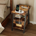 SIde Table with Charging Station, Small End Tables with Lucky 7 Metal Shape, 3-Tier Nightstand with Outlets and USB Ports, Adjustable Leveling Feet, Side Table for Living Room, Bedroom (Rustic Brown)