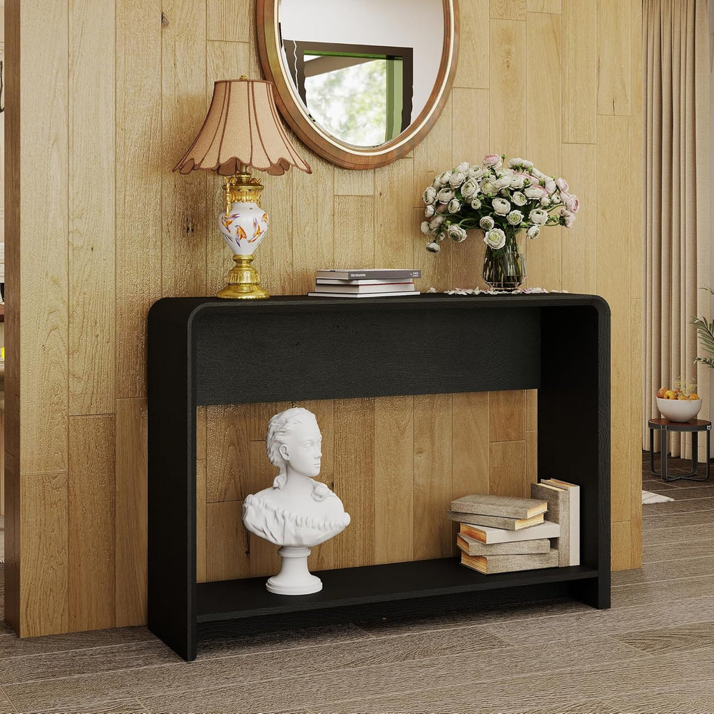 42.3" Modern U-Shaped Console Table, 11.5" Narrow Waterfall Entryway Table with Storage Shelf, Minimalist Sofa Table for Hallway & Living Room, Black Wood-Like Pattern Finish