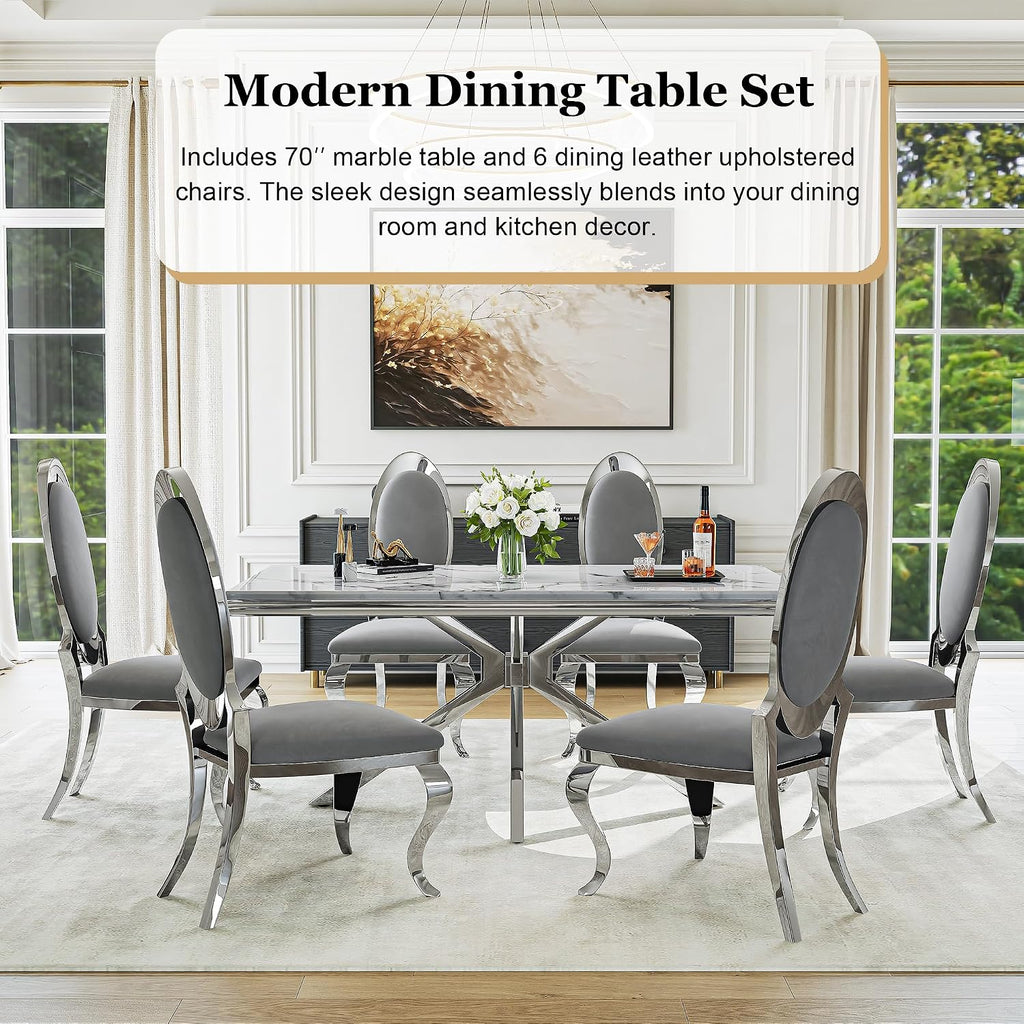 Luxury 7-Piece Dining Room Set, 70 Inch Silver Large Kitchen Table with Oval Velvet Chair, for 4-6 People, Living Room, Kitchen, Home (White Top + 6 Grey Chairs)